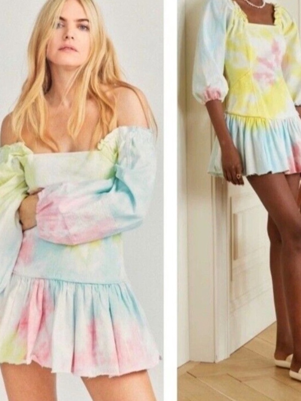 LoveShackFancy Pastel Tie-Dye Off-Shoulder Mini Dress in Pink, Blue, Yellow